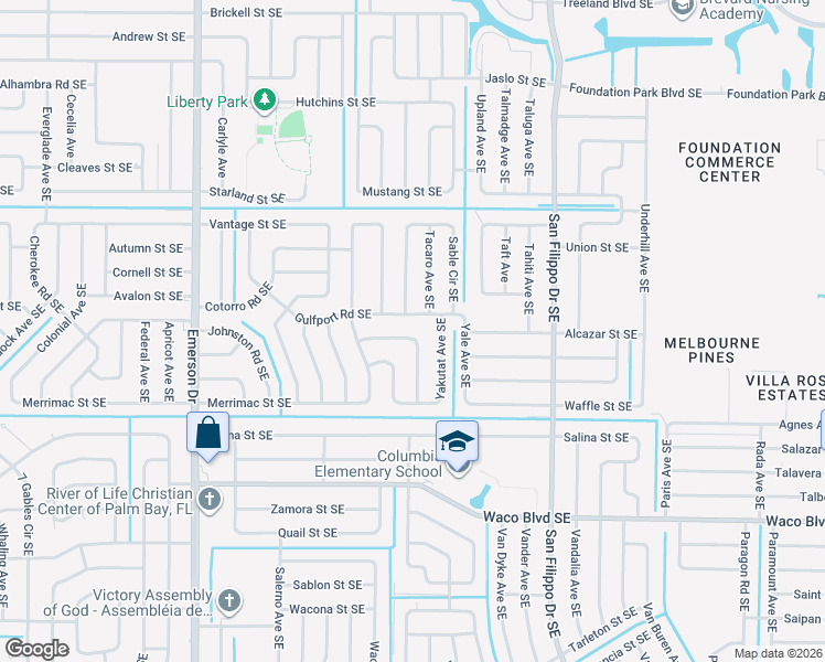 map of restaurants, bars, coffee shops, grocery stores, and more near 1120 Pasadena Road Southeast in Palm Bay