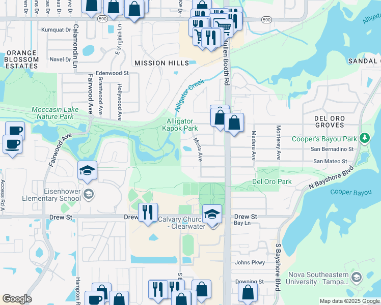 map of restaurants, bars, coffee shops, grocery stores, and more near 600 Moss Avenue in Clearwater