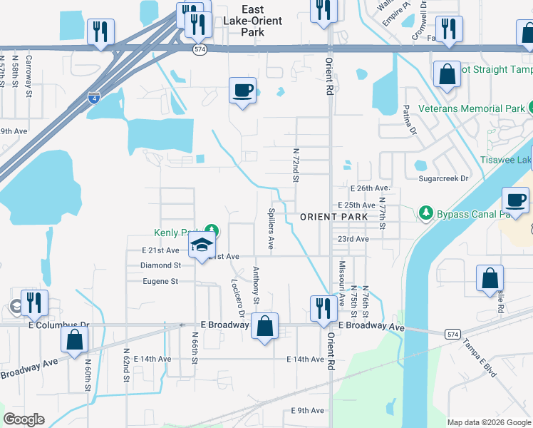 map of restaurants, bars, coffee shops, grocery stores, and more near 3016 Spillers Avenue in Tampa