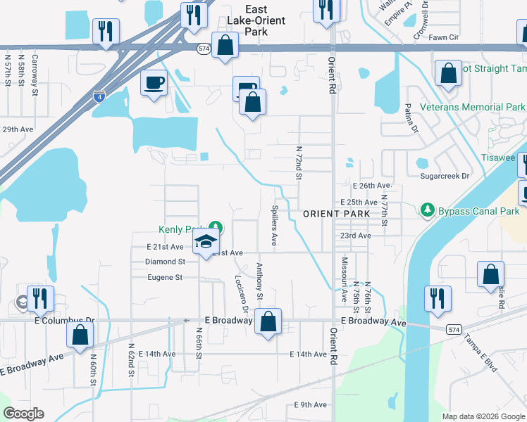 map of restaurants, bars, coffee shops, grocery stores, and more near 3016 Spillers Avenue in Tampa