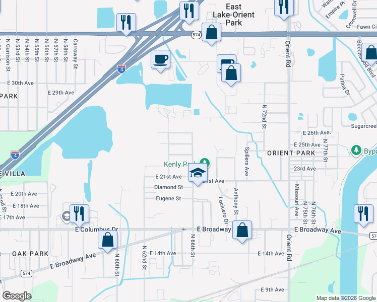 map of restaurants, bars, coffee shops, grocery stores, and more near 6521 East 24th Avenue in Tampa