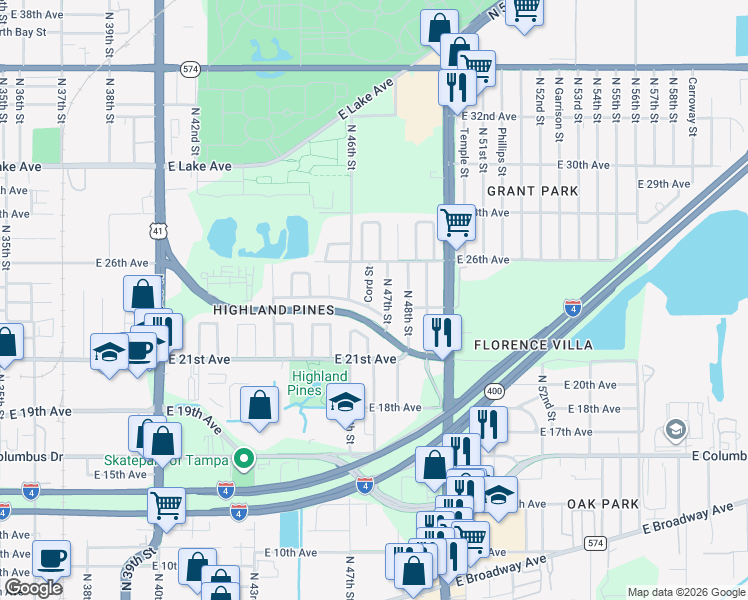 map of restaurants, bars, coffee shops, grocery stores, and more near 4604 East 22nd Avenue in Tampa