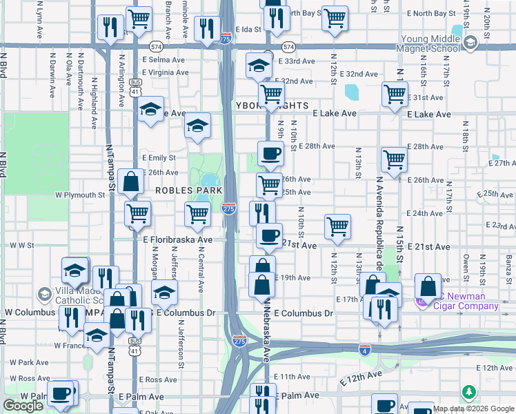 map of restaurants, bars, coffee shops, grocery stores, and more near 3107 North Mitchell Avenue in Tampa