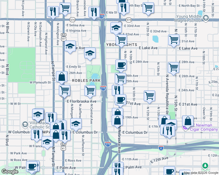 map of restaurants, bars, coffee shops, grocery stores, and more near 3101-3199 N Mitchell Ave in Tampa
