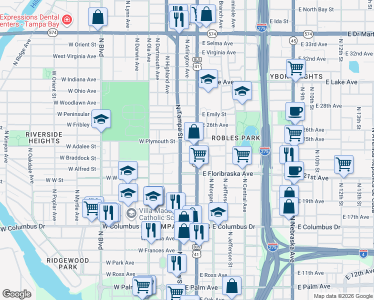 map of restaurants, bars, coffee shops, grocery stores, and more near 3014 North Tampa Street in Tampa