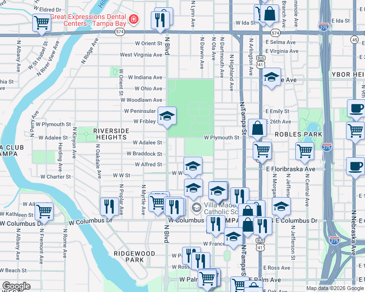 map of restaurants, bars, coffee shops, grocery stores, and more near 3102 North Woodrow Avenue in Tampa