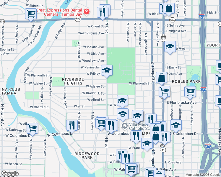 map of restaurants, bars, coffee shops, grocery stores, and more near 3102 North Woodrow Avenue in Tampa