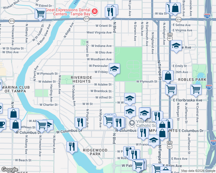 map of restaurants, bars, coffee shops, grocery stores, and more near 704 West Braddock Street in Tampa