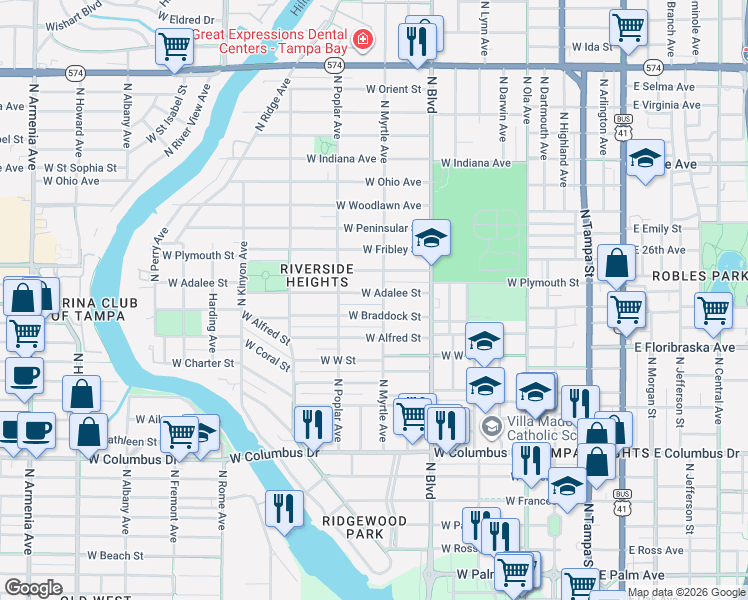 map of restaurants, bars, coffee shops, grocery stores, and more near 800 West Braddock Street in Tampa