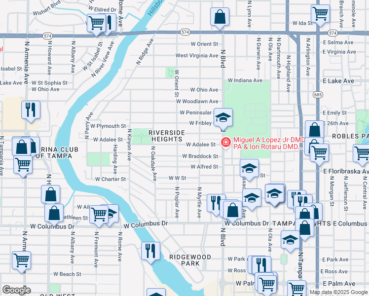 map of restaurants, bars, coffee shops, grocery stores, and more near 822 West Braddock Street in Tampa