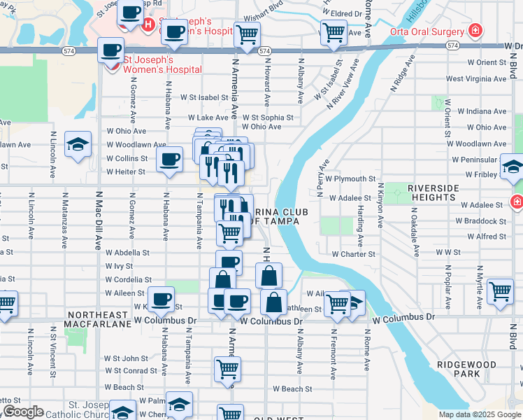 map of restaurants, bars, coffee shops, grocery stores, and more near in Tampa