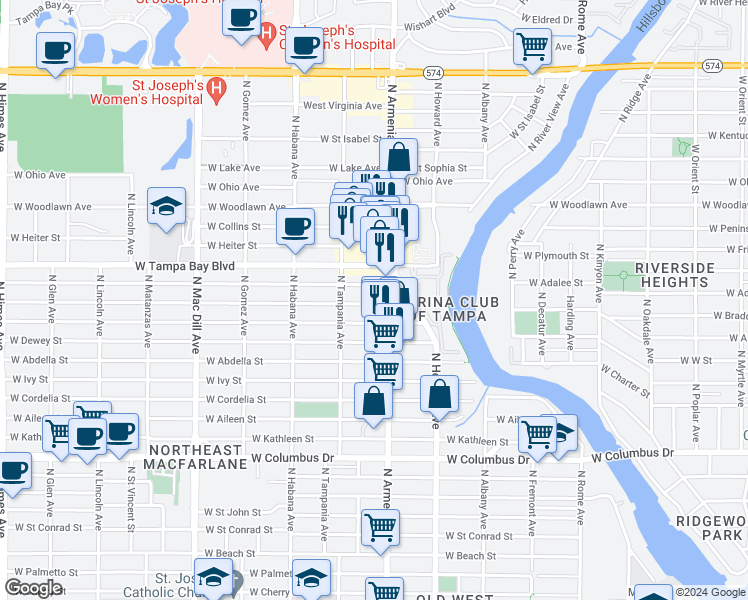 map of restaurants, bars, coffee shops, grocery stores, and more near 2501 West Leroy Street in Tampa
