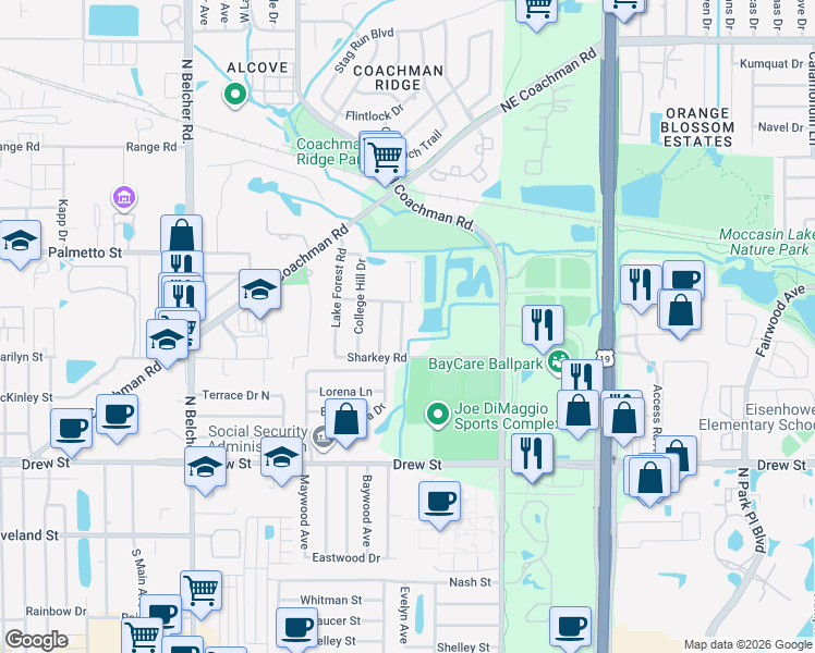 map of restaurants, bars, coffee shops, grocery stores, and more near 2432 Sharkey Road in Clearwater