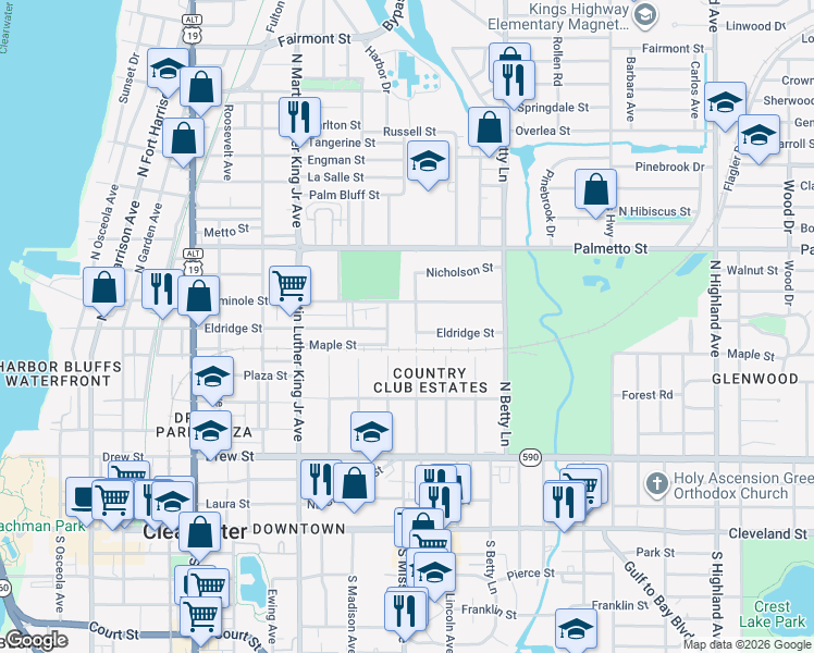 map of restaurants, bars, coffee shops, grocery stores, and more near 622 North Missouri Avenue in Clearwater
