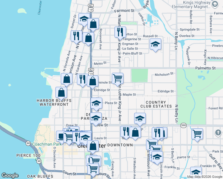 map of restaurants, bars, coffee shops, grocery stores, and more near 601 Pennsylvania Avenue in Clearwater