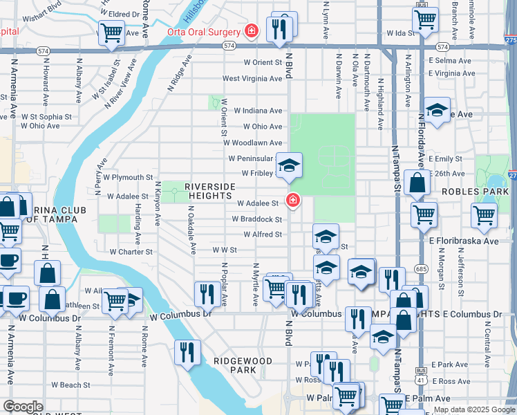 map of restaurants, bars, coffee shops, grocery stores, and more near 724 West Adalee Street in Tampa