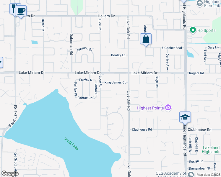 map of restaurants, bars, coffee shops, grocery stores, and more near 1633 Rose Drive in Lakeland