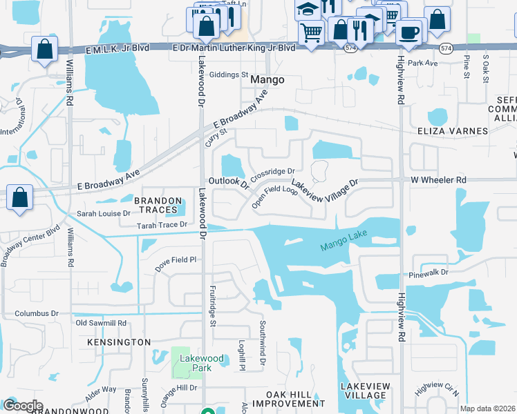 map of restaurants, bars, coffee shops, grocery stores, and more near 1726 Open Field Loop in Brandon