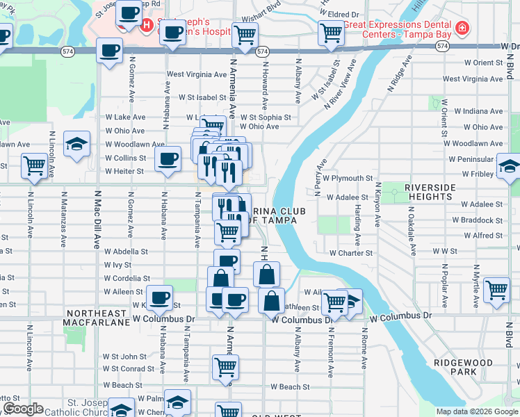 map of restaurants, bars, coffee shops, grocery stores, and more near in Tampa