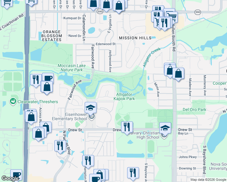 map of restaurants, bars, coffee shops, grocery stores, and more near 3204 Brigadoon Drive in Clearwater