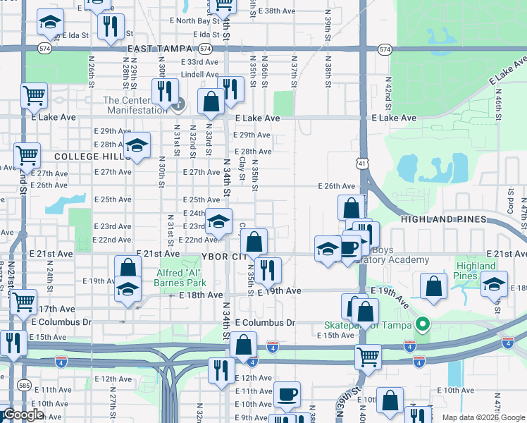 map of restaurants, bars, coffee shops, grocery stores, and more near 3506 East 24th Avenue in Tampa