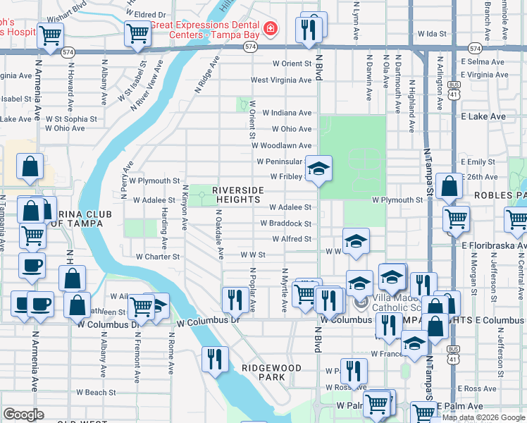 map of restaurants, bars, coffee shops, grocery stores, and more near 822 West Braddock Street in Tampa