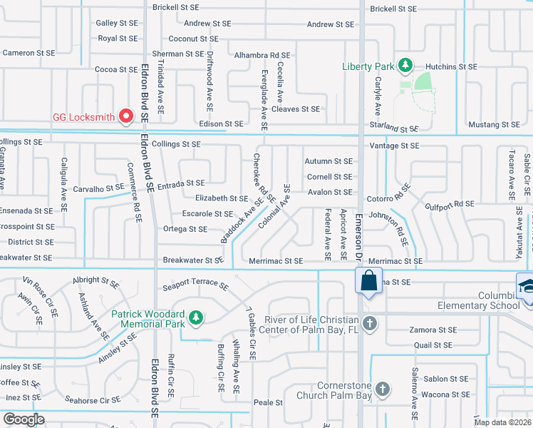 map of restaurants, bars, coffee shops, grocery stores, and more near 1070 Colonial Avenue Southeast in Palm Bay