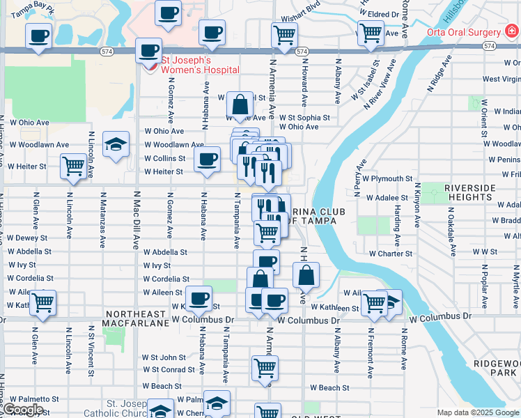 map of restaurants, bars, coffee shops, grocery stores, and more near 2501 West Leroy Street in Tampa