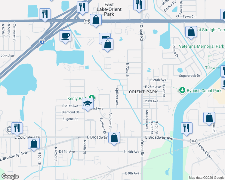 map of restaurants, bars, coffee shops, grocery stores, and more near 3016 Spillers Avenue in Tampa