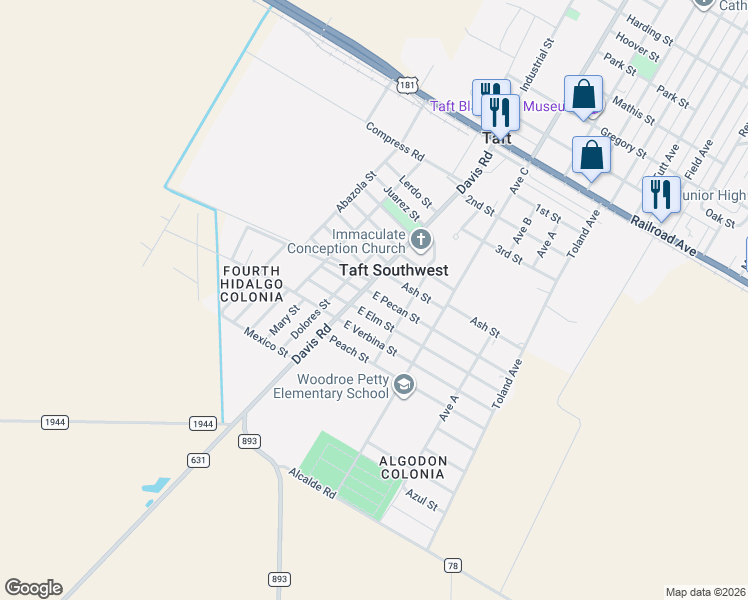 map of restaurants, bars, coffee shops, grocery stores, and more near 131 East Elm Street in Taft