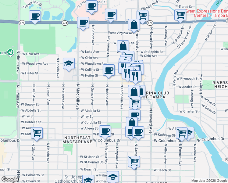 map of restaurants, bars, coffee shops, grocery stores, and more near 2713 West Douglas Street in Tampa