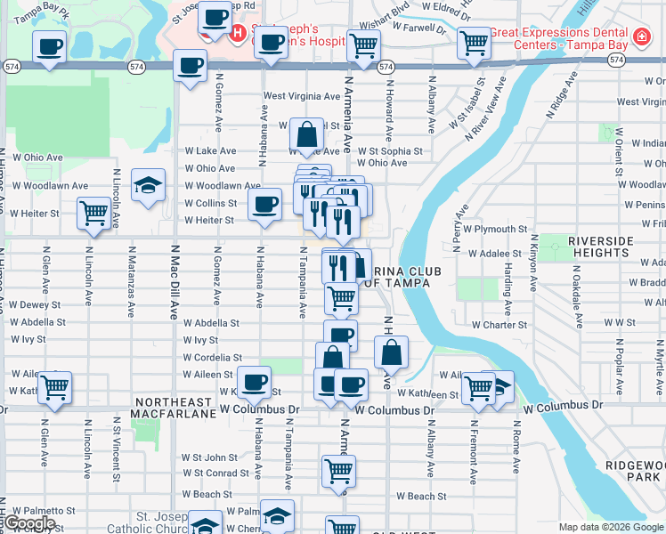 map of restaurants, bars, coffee shops, grocery stores, and more near 3906 North Armenia Avenue in Tampa
