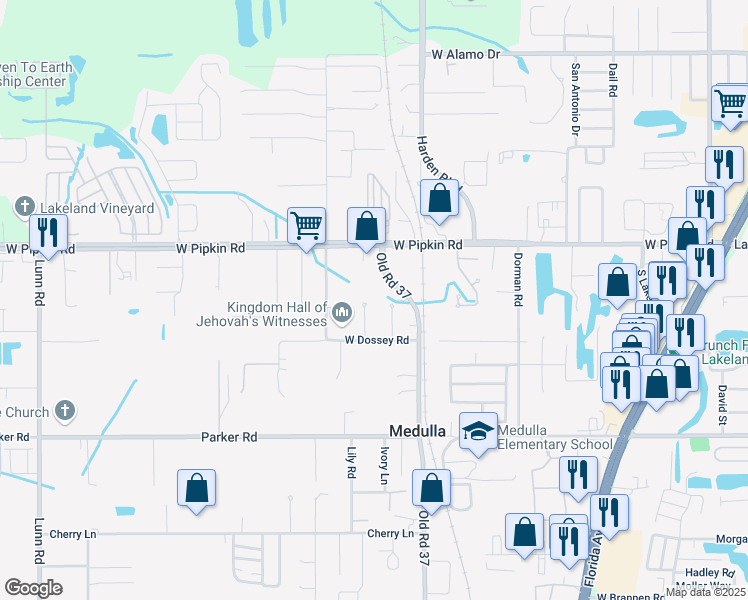 map of restaurants, bars, coffee shops, grocery stores, and more near 5111 Old Road 37 in Lakeland