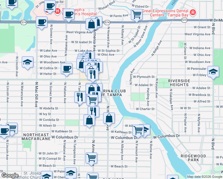 map of restaurants, bars, coffee shops, grocery stores, and more near 2203 Collins Street in Tampa