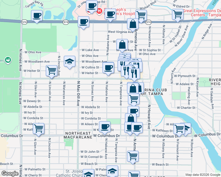 map of restaurants, bars, coffee shops, grocery stores, and more near 2713 West Douglas Street in Tampa