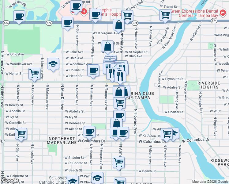 map of restaurants, bars, coffee shops, grocery stores, and more near 2525 West Douglas Street in Tampa