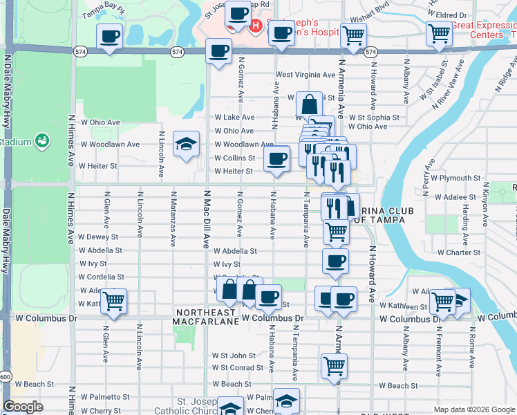 map of restaurants, bars, coffee shops, grocery stores, and more near 2907 West Douglas Street in Tampa