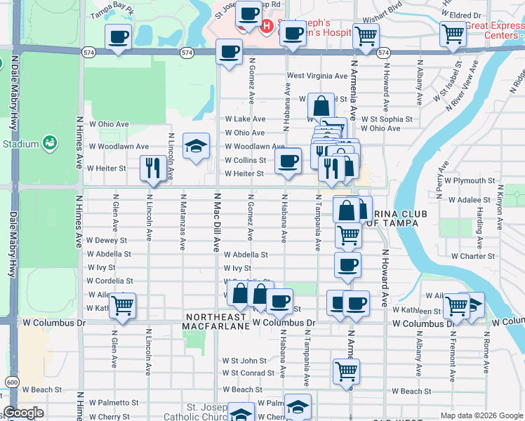 map of restaurants, bars, coffee shops, grocery stores, and more near 2923 West Douglas Street in Tampa