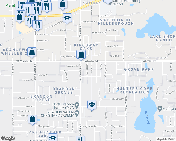 map of restaurants, bars, coffee shops, grocery stores, and more near 2504 Giddens Avenue in Seffner