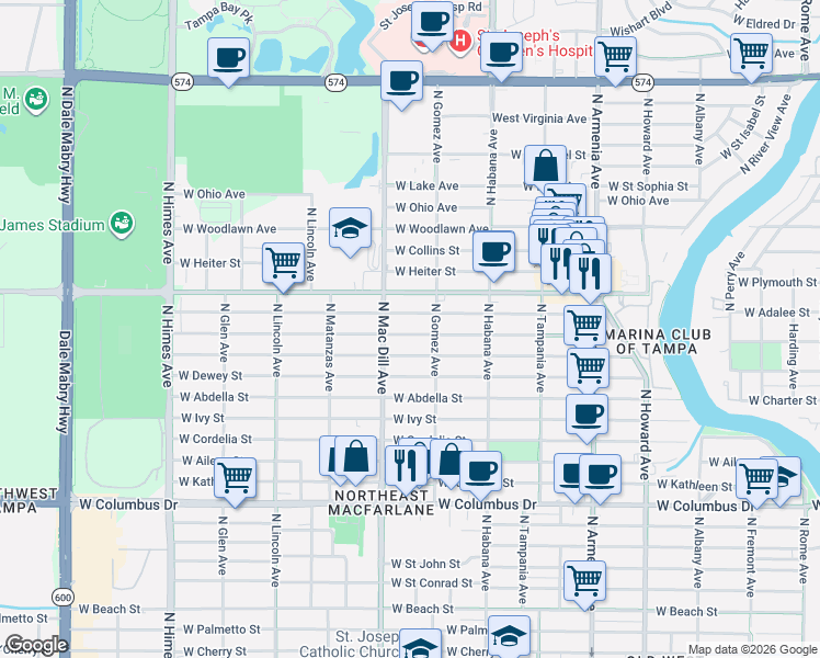 map of restaurants, bars, coffee shops, grocery stores, and more near 3019 West Douglas Street in Tampa