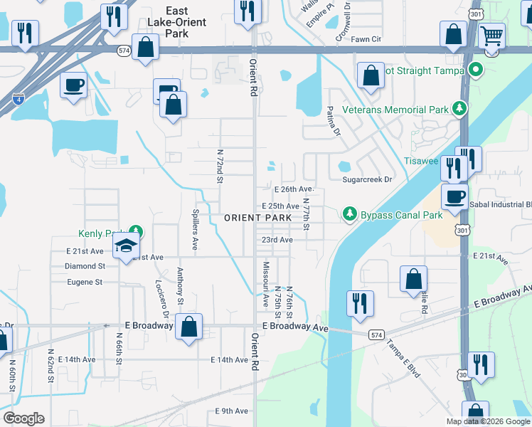map of restaurants, bars, coffee shops, grocery stores, and more near 7406 East 25th Avenue in Tampa
