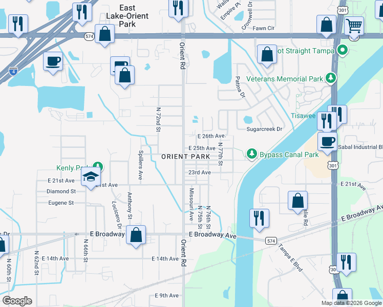 map of restaurants, bars, coffee shops, grocery stores, and more near 7406 East 25th Avenue in Tampa