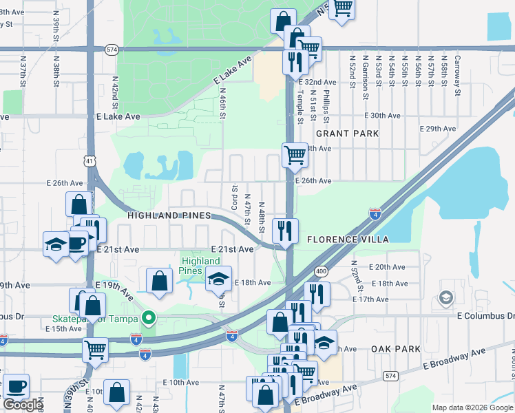 map of restaurants, bars, coffee shops, grocery stores, and more near 3225 North 47th Street in Tampa