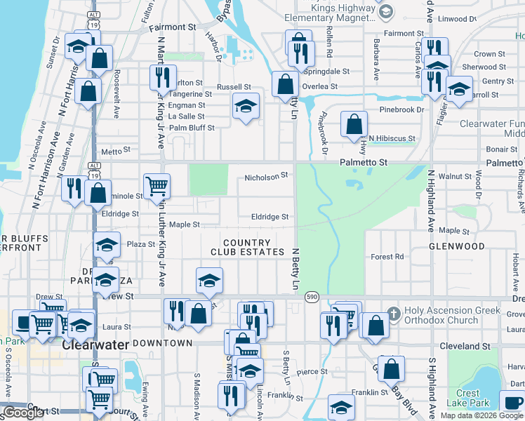 map of restaurants, bars, coffee shops, grocery stores, and more near 1265 Seminole Street in Clearwater