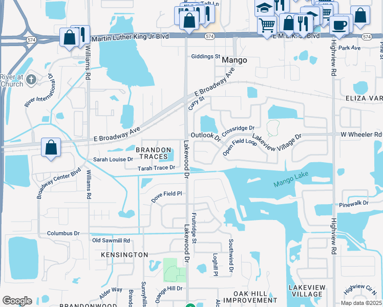 map of restaurants, bars, coffee shops, grocery stores, and more near 1757 Lakeview Village Drive in Brandon