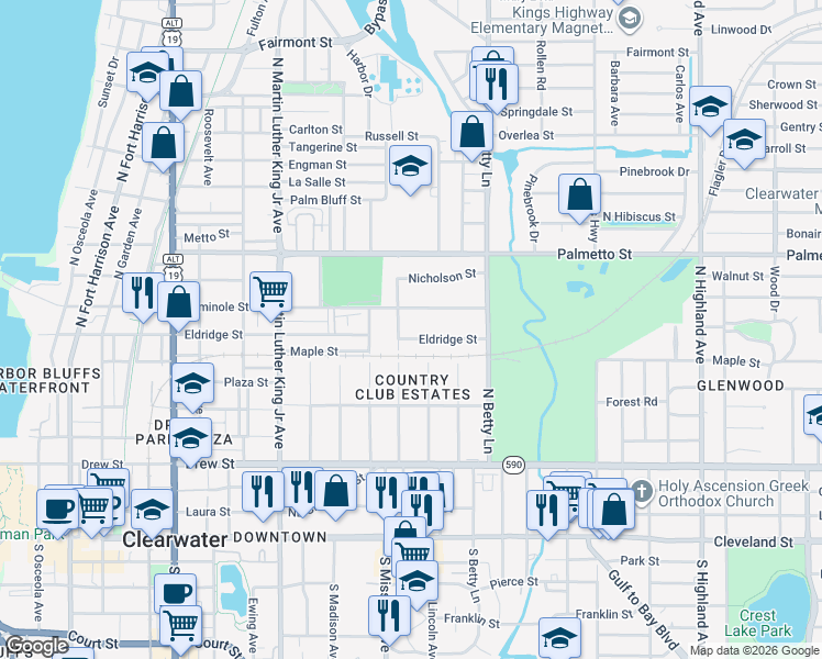 map of restaurants, bars, coffee shops, grocery stores, and more near 1229 Seminole Street in Clearwater