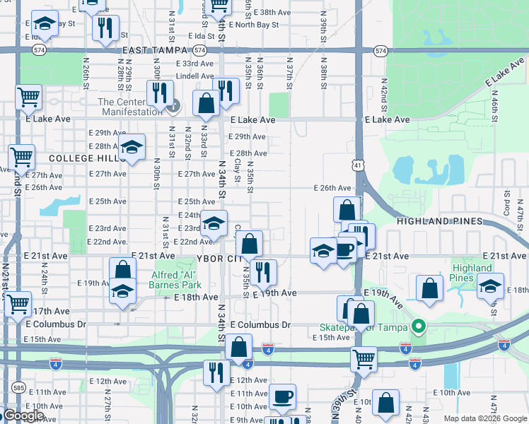 map of restaurants, bars, coffee shops, grocery stores, and more near 3502 East 25th Avenue in Tampa