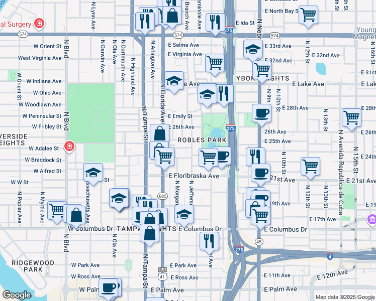 map of restaurants, bars, coffee shops, grocery stores, and more near 309 East Janette Avenue in Tampa
