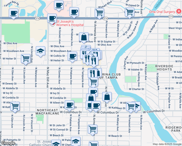 map of restaurants, bars, coffee shops, grocery stores, and more near 3906 North Armenia Avenue in Tampa