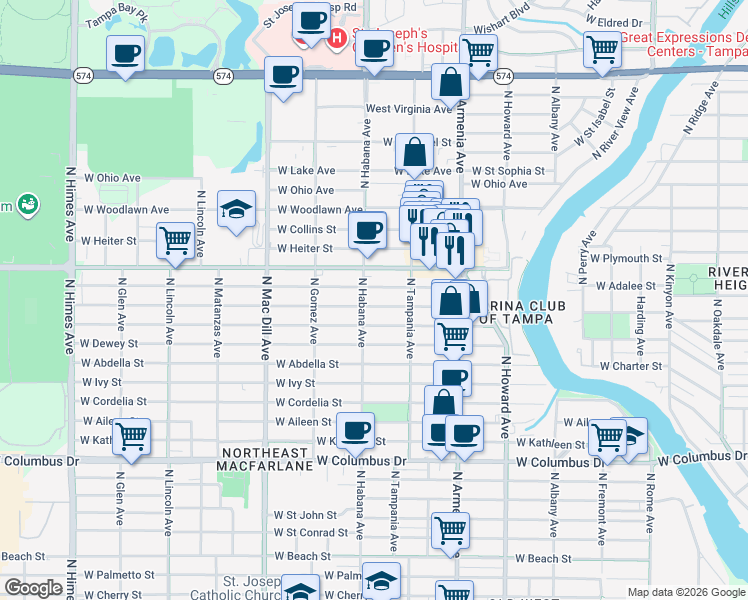map of restaurants, bars, coffee shops, grocery stores, and more near 2713 West Douglas Street in Tampa